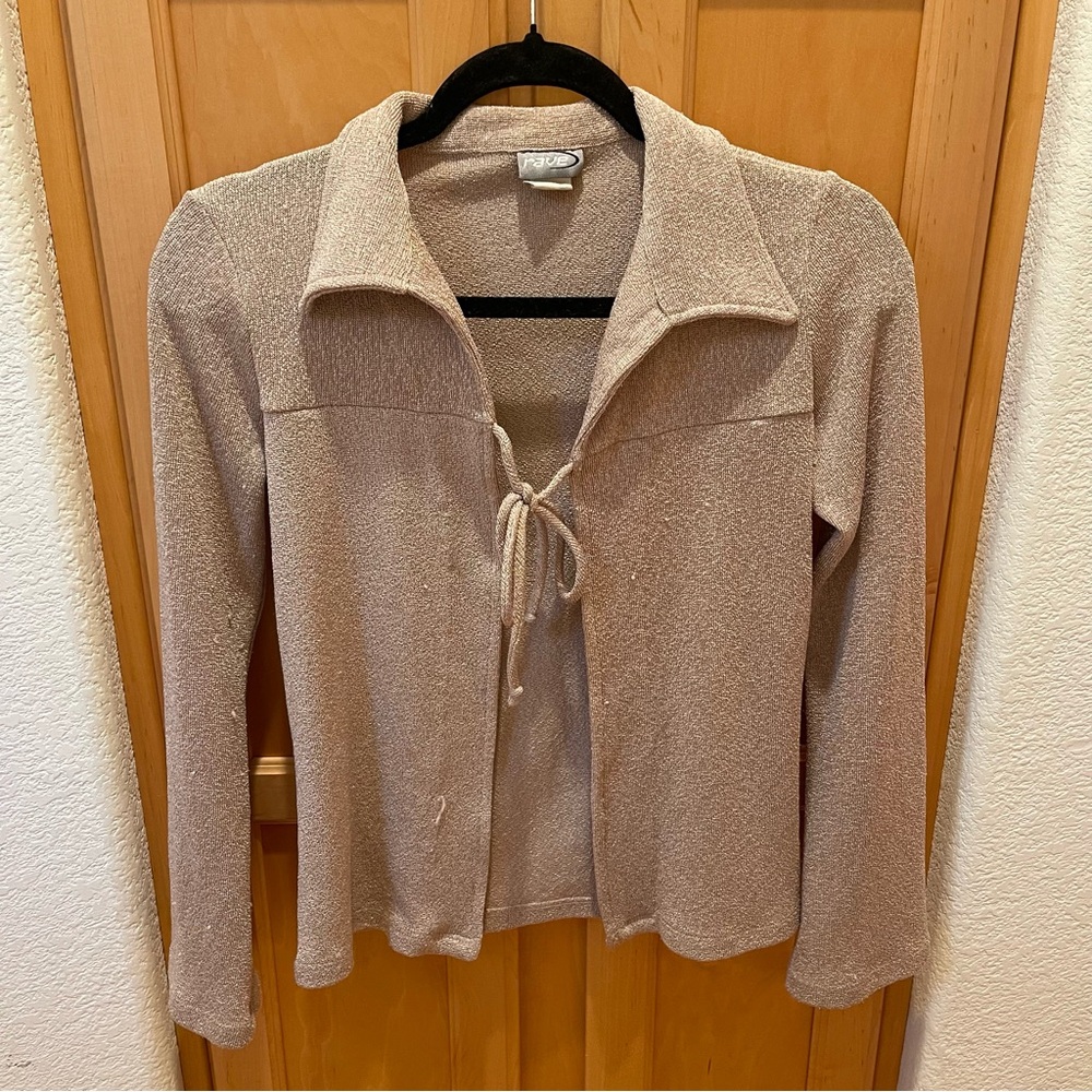 Rave Y2K Tan Long Sleeve Collared Top with Tie Front Bell Sleeves Size Medium